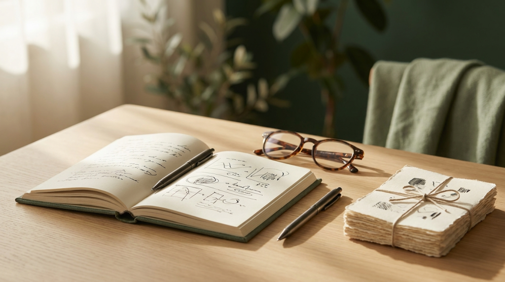 An open notebook, pen and reading glasses on a desk
