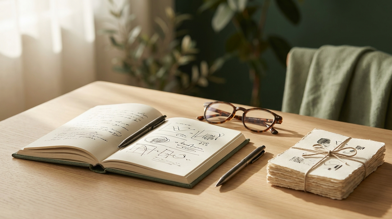 An open notebook, pen and reading glasses on a desk