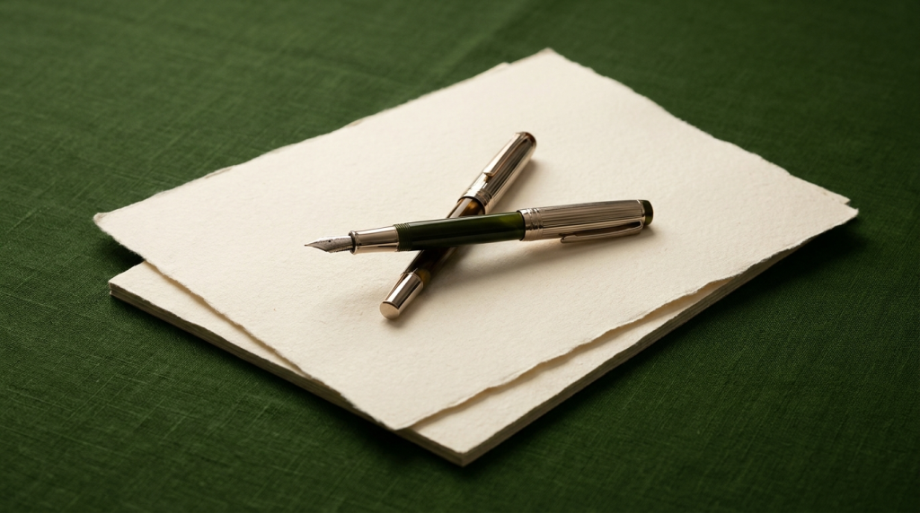 Two fountain pens crossed over a sheet of paper