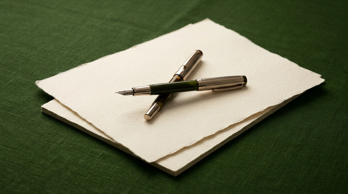 Two fountain pens crossed over a sheet of paper