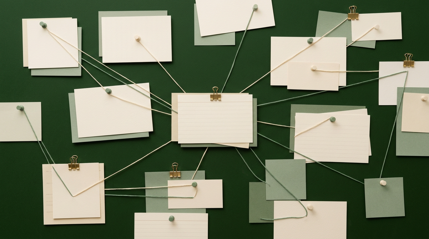 Index cards connected by threads, arranged by topic