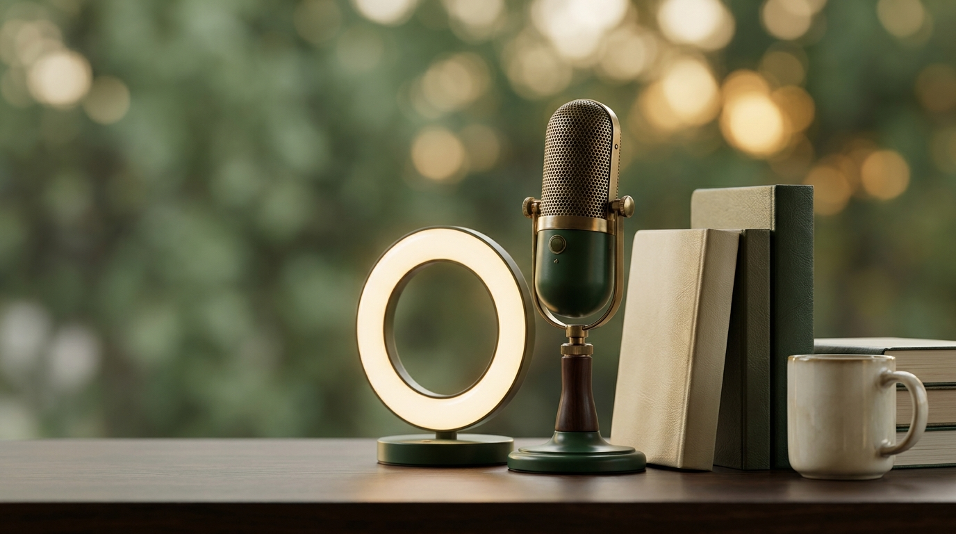 A broadcast microphone and ring light on a desk