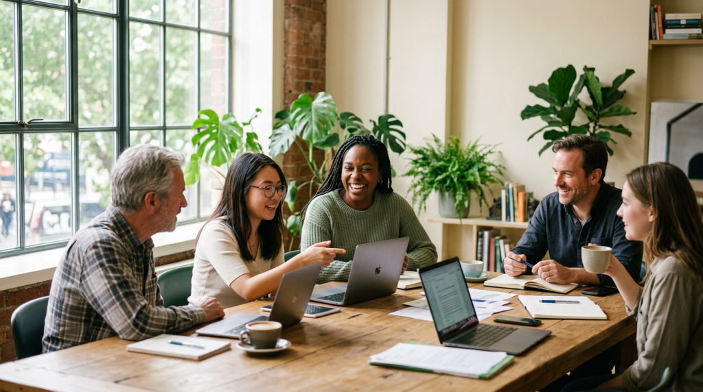 Five authors collaborating around a table in a bright workspace