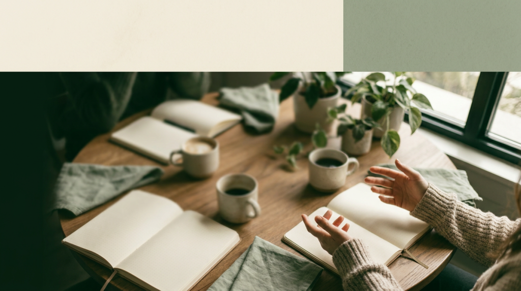 Authors talking around a table with notebooks and coffee